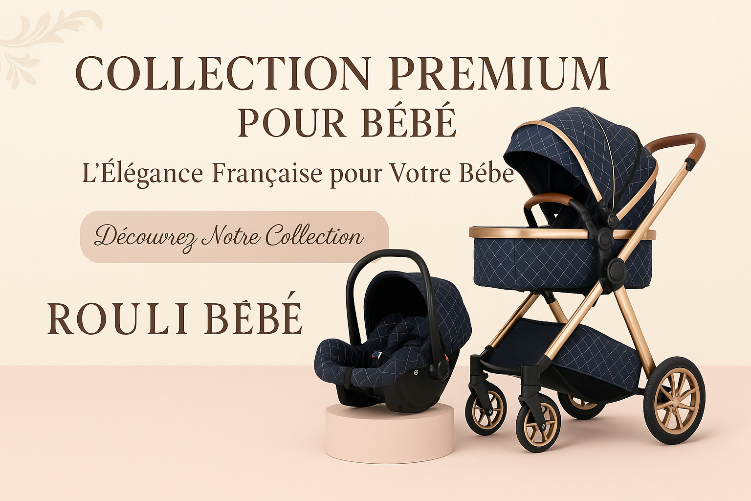 Luxury header banner for Roulí Bébé featuring premium baby stroller
